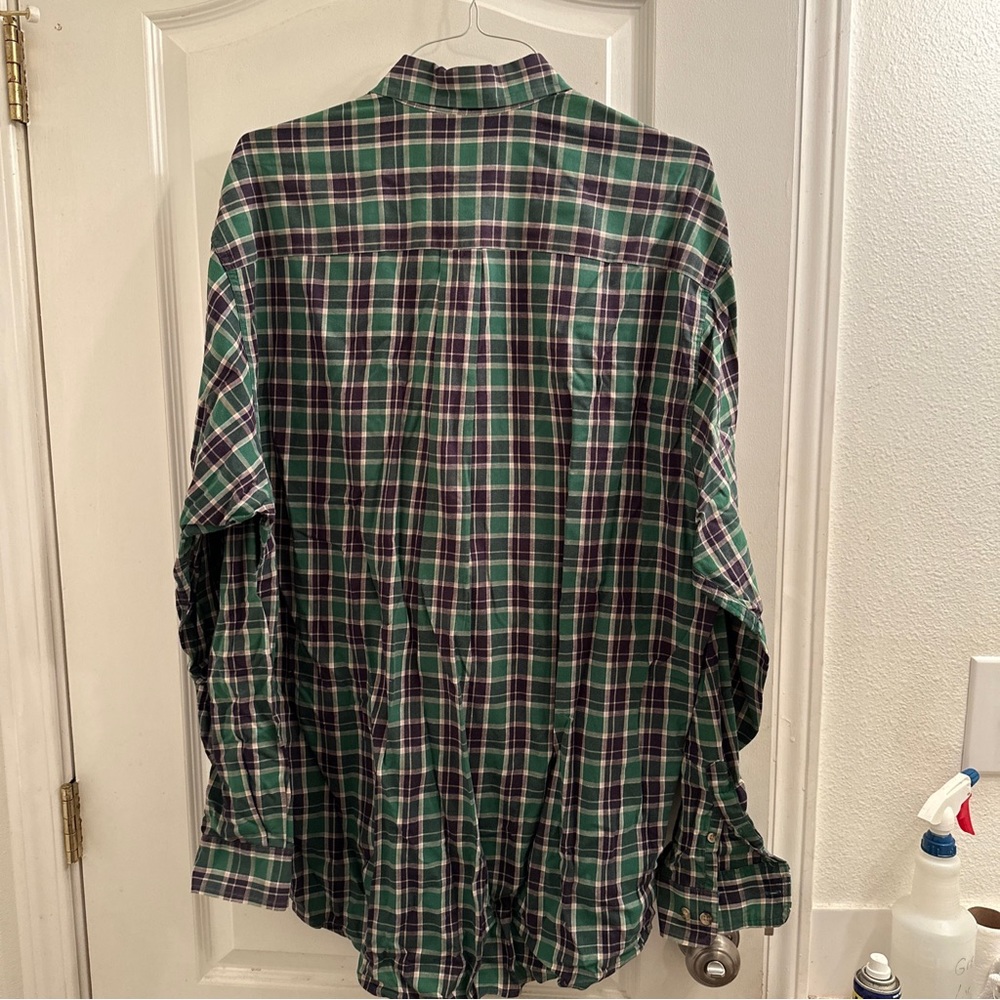 Eddie Bauer Kingsley Plaid Button Down Shirt Mens Large Tall Green Navy Blue L/G